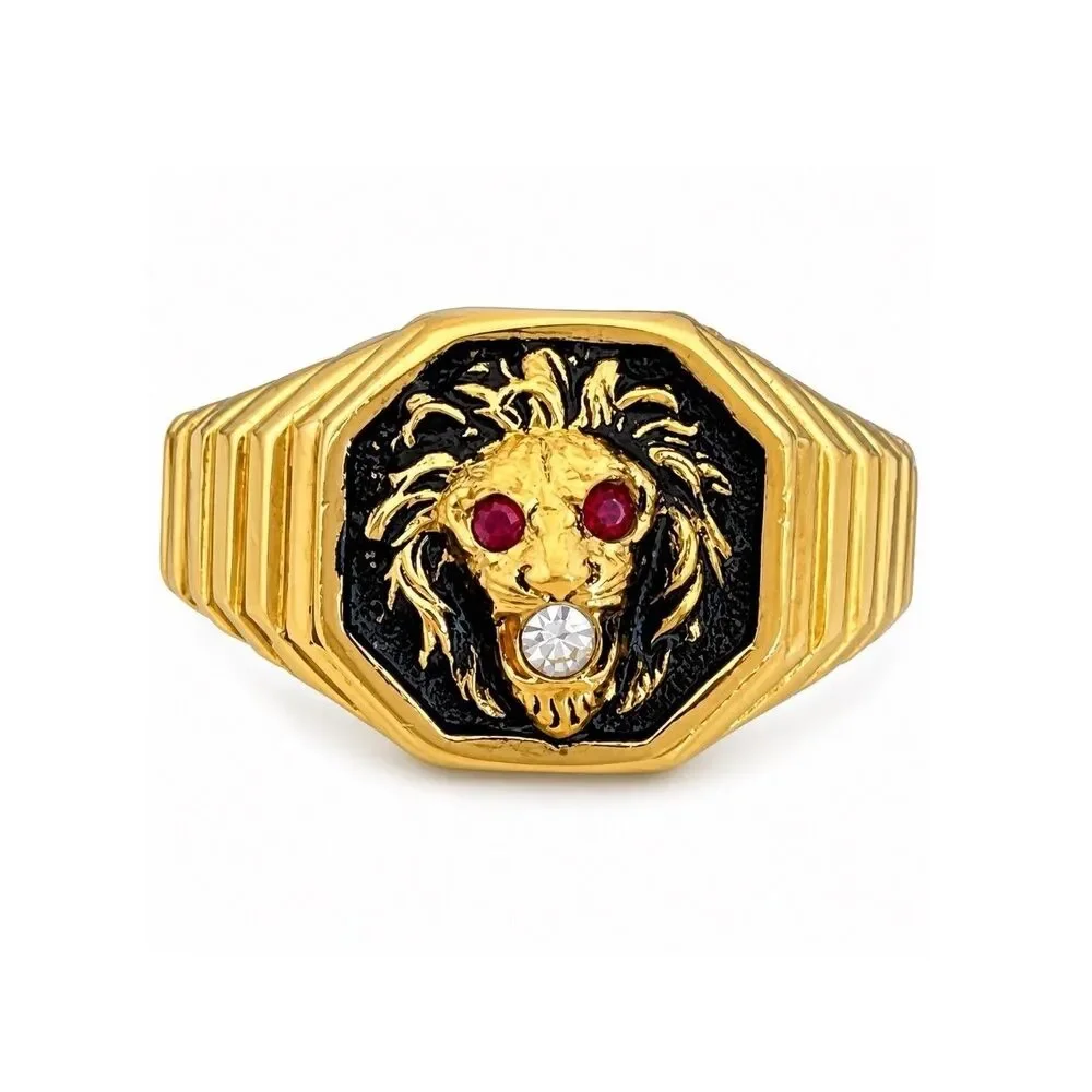 Vintage 1970s Ring Size 12 Clark Coombs Lions Head Crystal Eyes Gold Plate - 14P